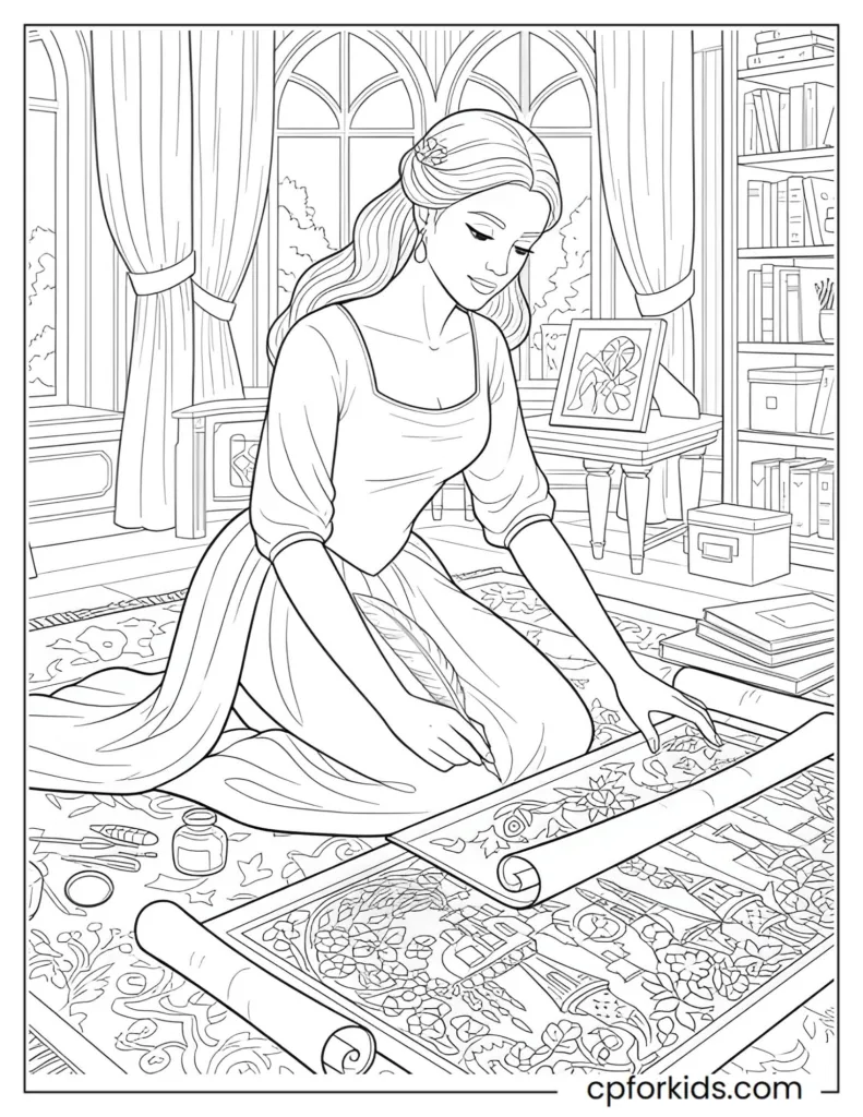Coloring sheet of a royal princess focused on drawing and art with a quill and scroll.