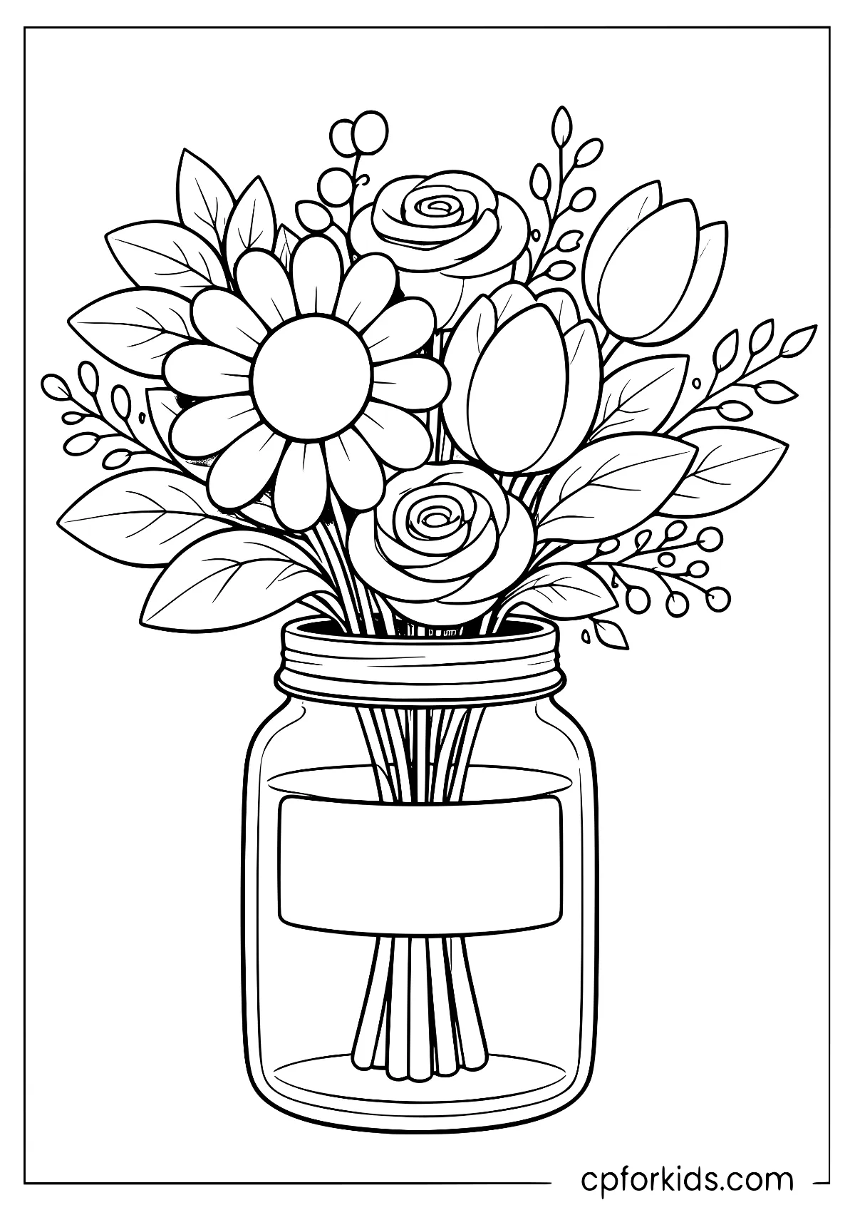 Mixed flowers with visible stems in a jar