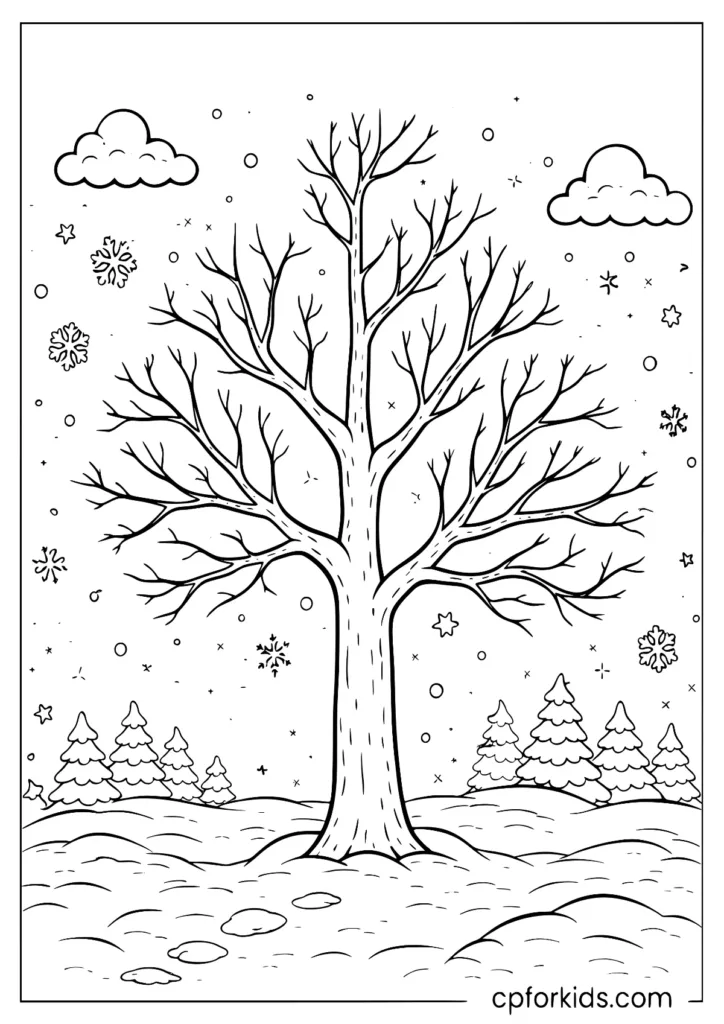 Simple bare winter tree with no leaves coloring page for kids