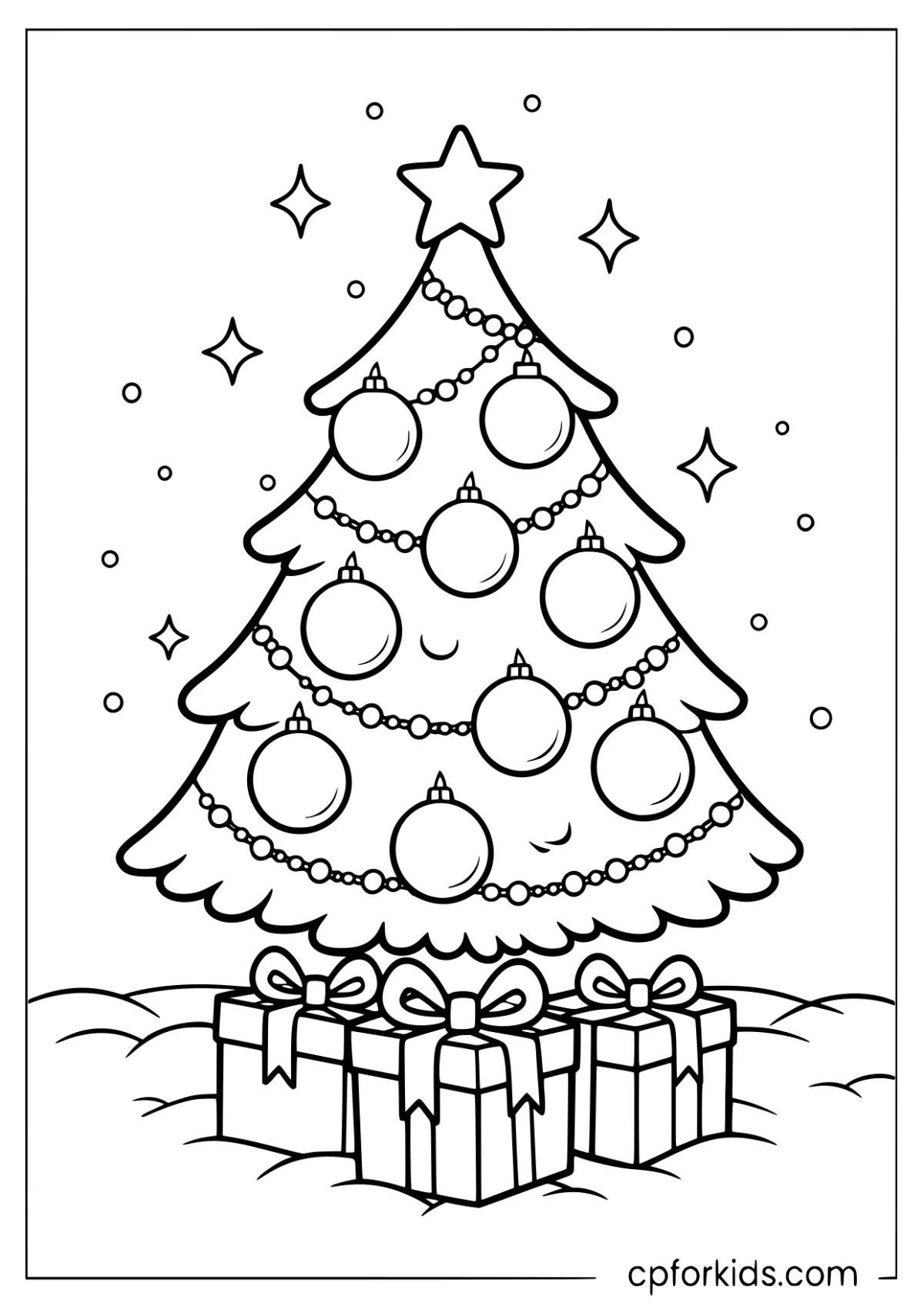 Christmas tree with large ornaments and three presents