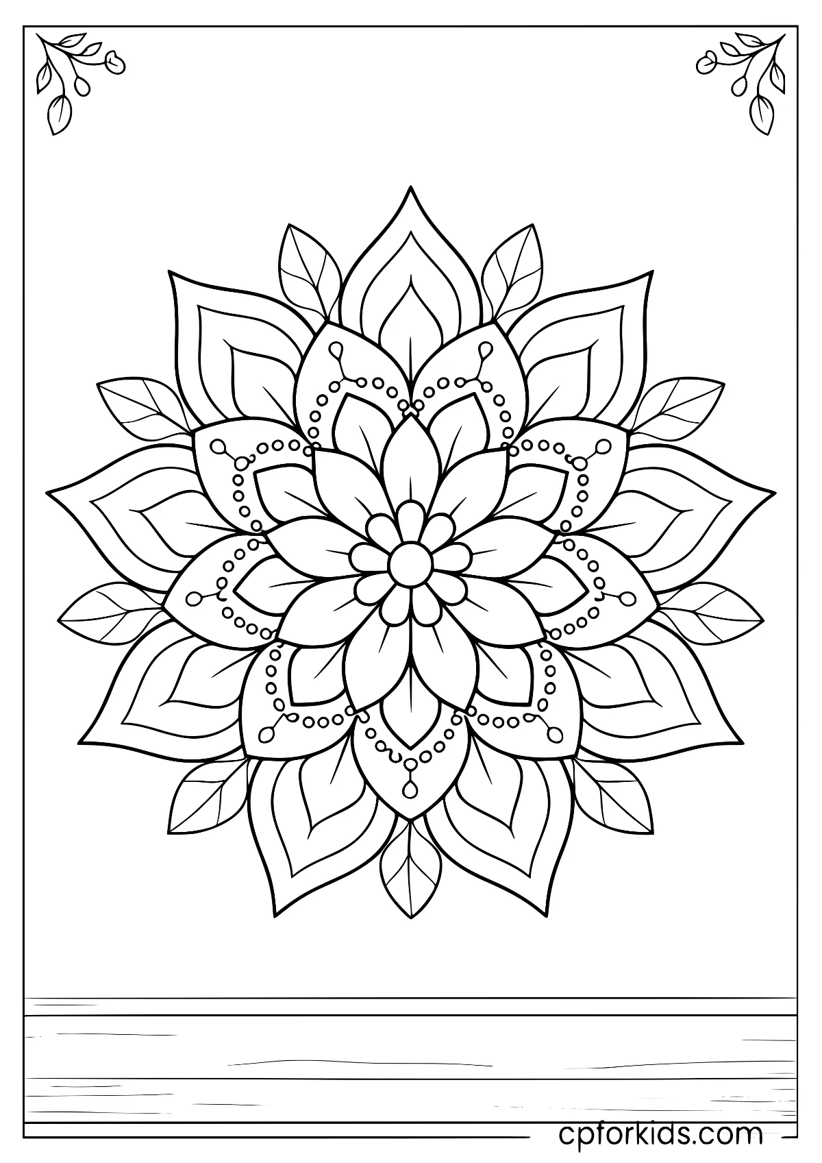 Layered flower mandala with corner sprigs