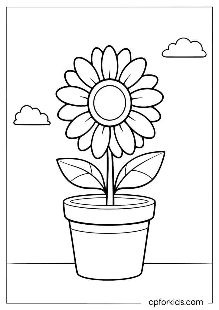 Simple Sunflower In Garden Pot Coloring Sheet