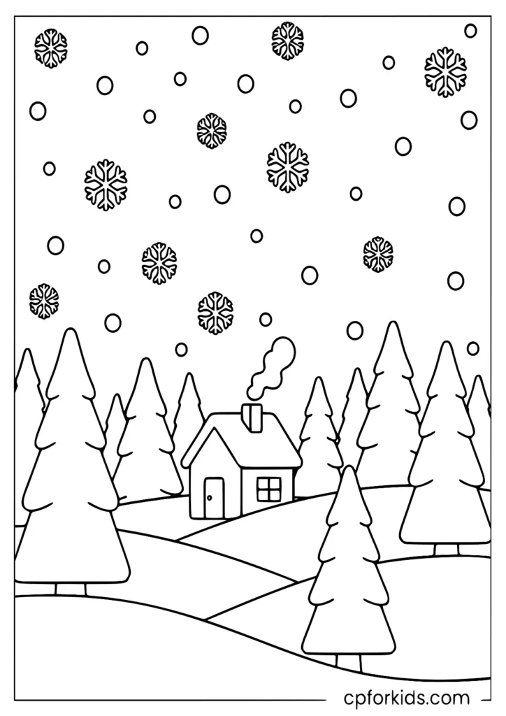 Simple winter wonderland scene with a cabin and snowy trees coloring page