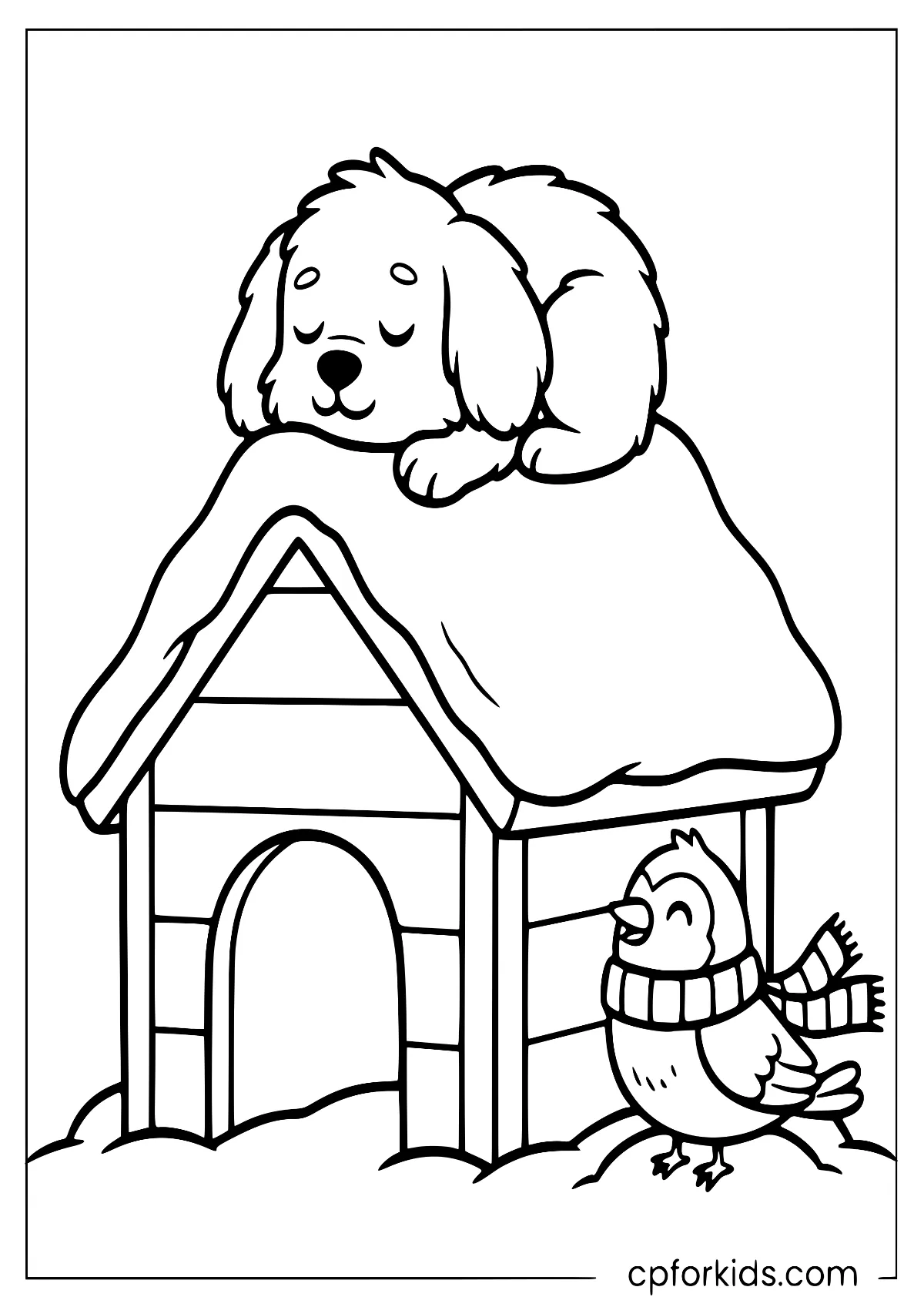 Sleepy dog resting near a small bird