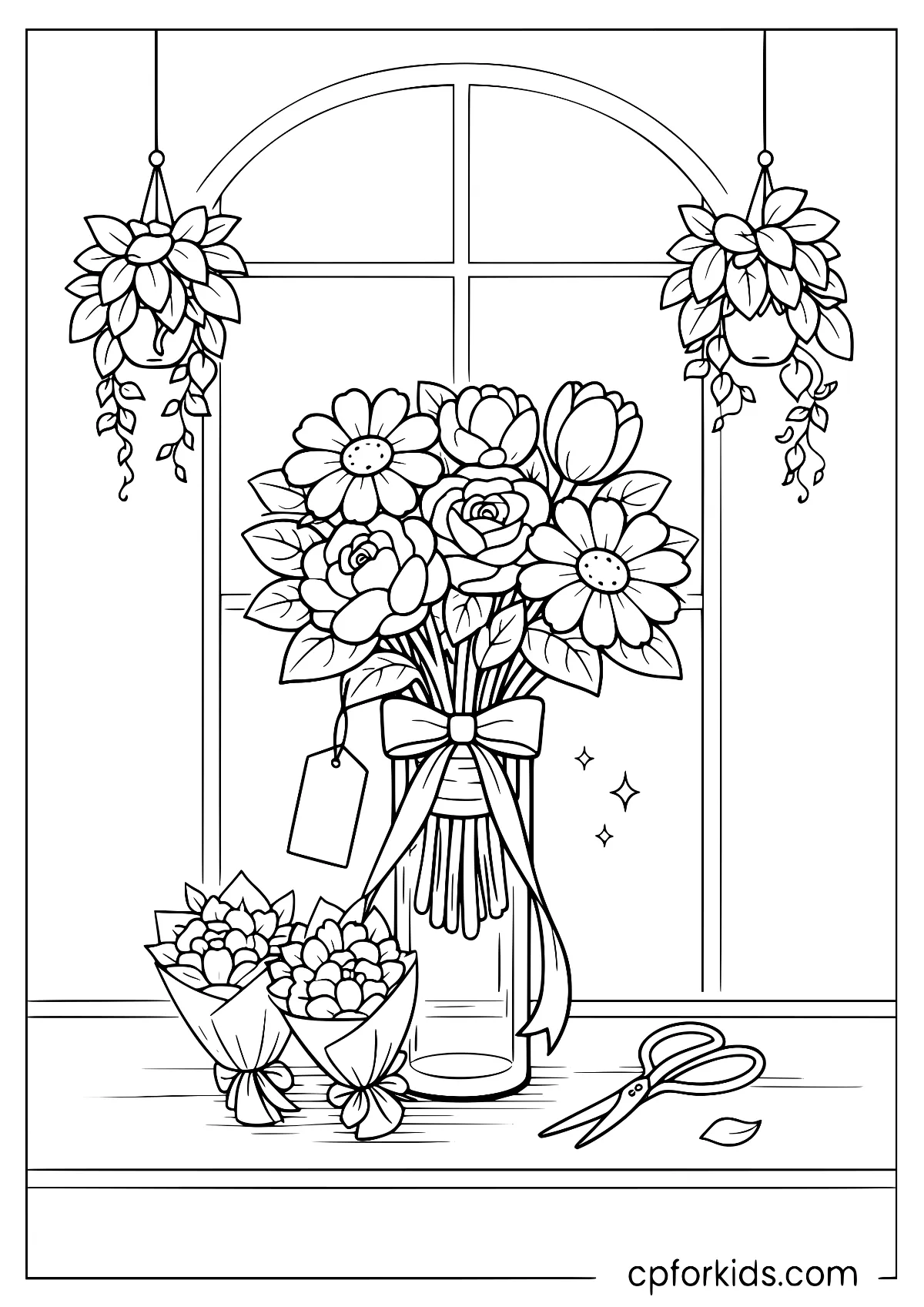 Jar bouquet on a counter with scissors