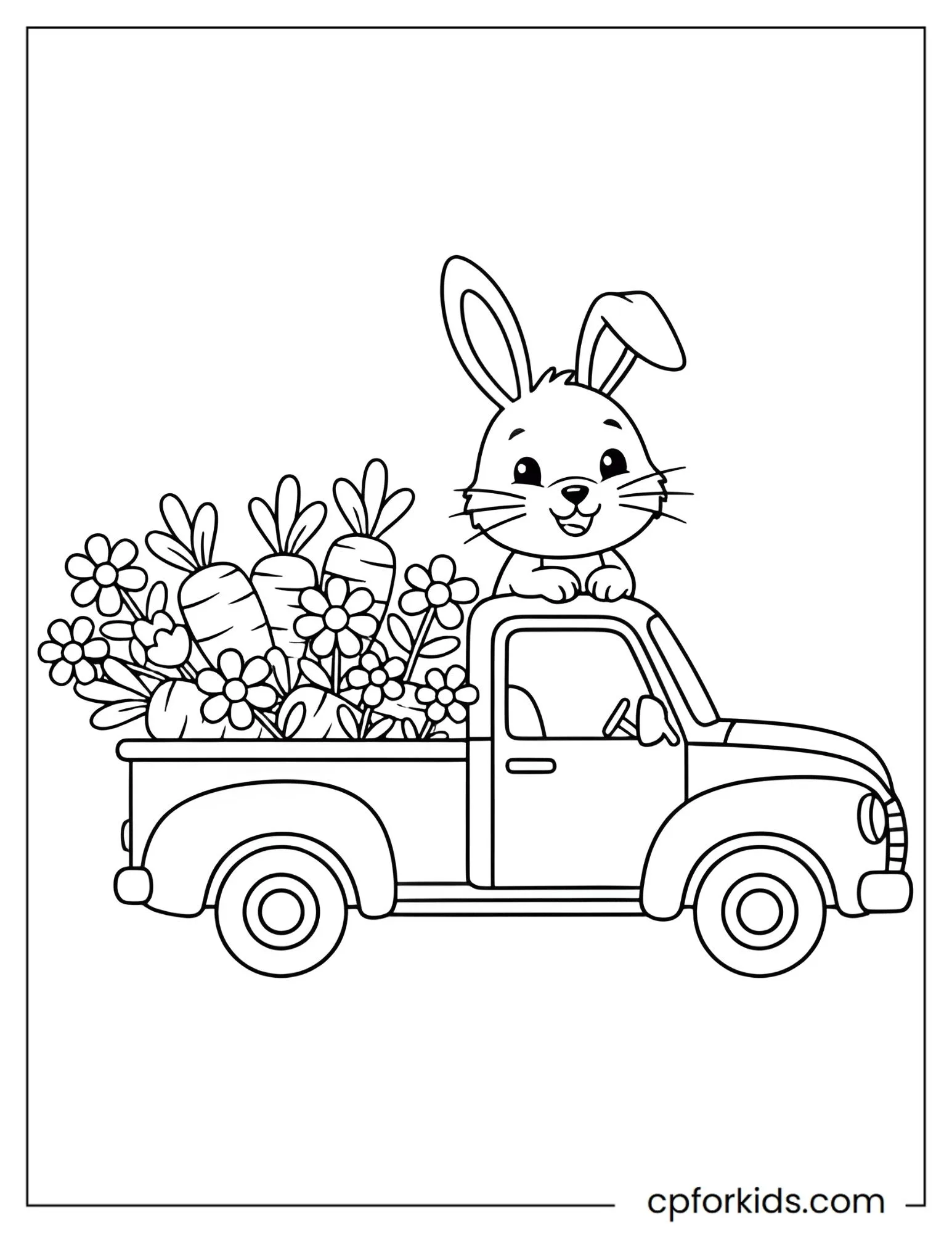 Easter bunny riding with carrots and flowers