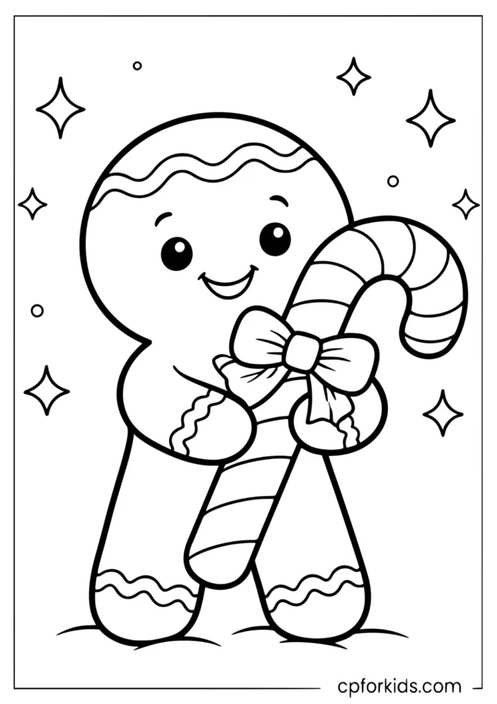 Smiling gingerbread man holding candy cane, easy coloring sheet