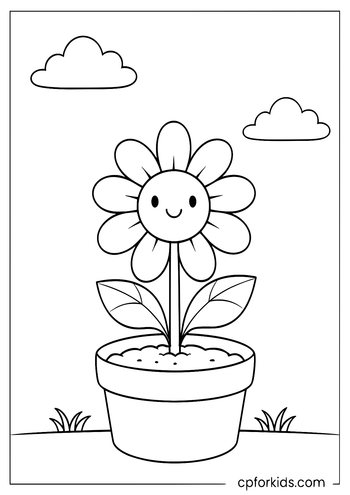 Smiling flower in a pot under clouds