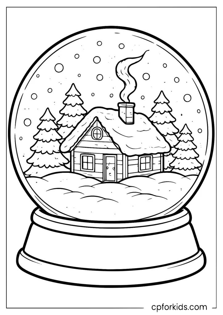 Snow globe with cozy cabin and pine trees coloring page