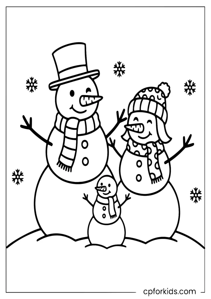 Snowman family standing together in a winter coloring page to color