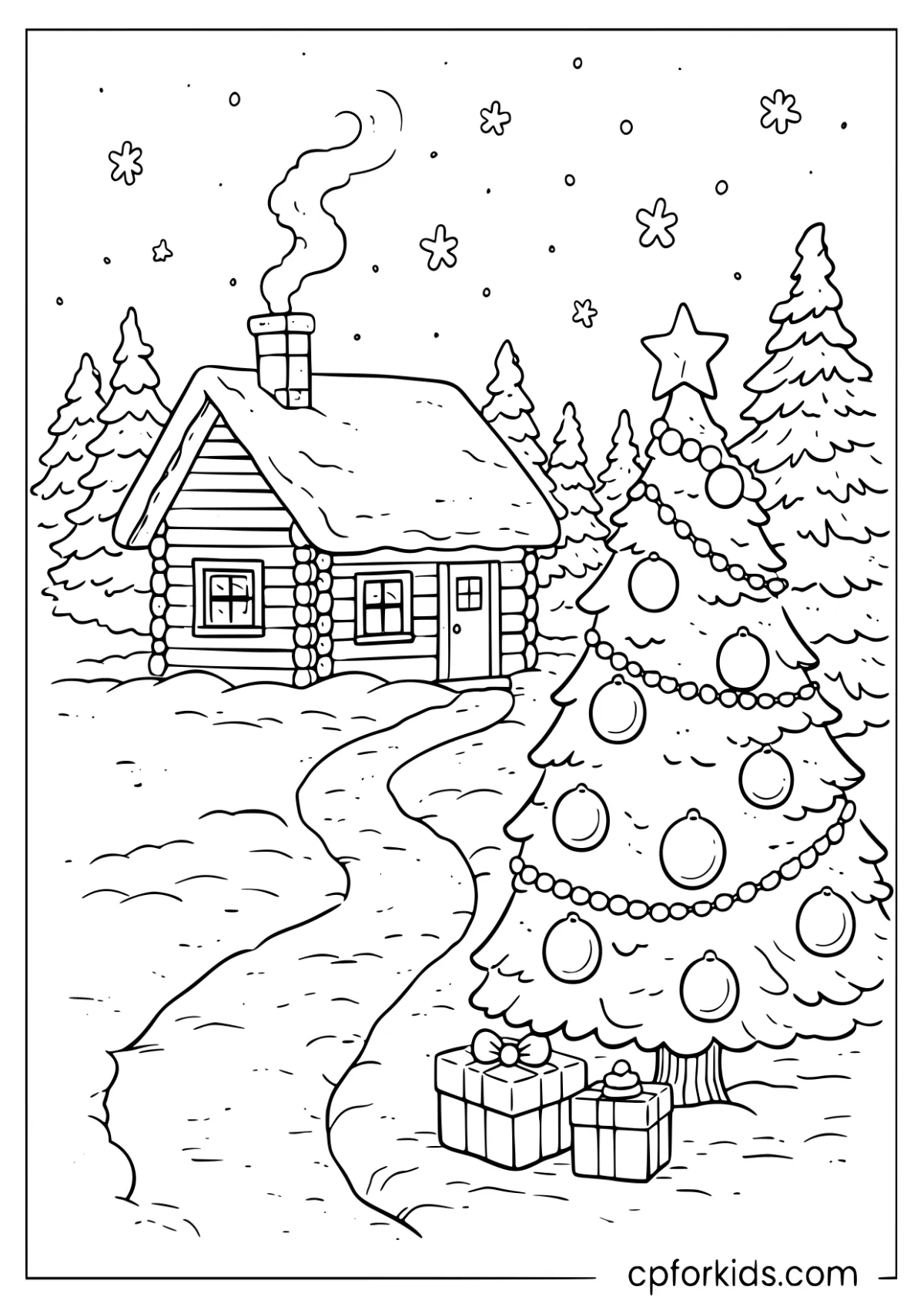 Snowy cabin with an outdoor Christmas tree