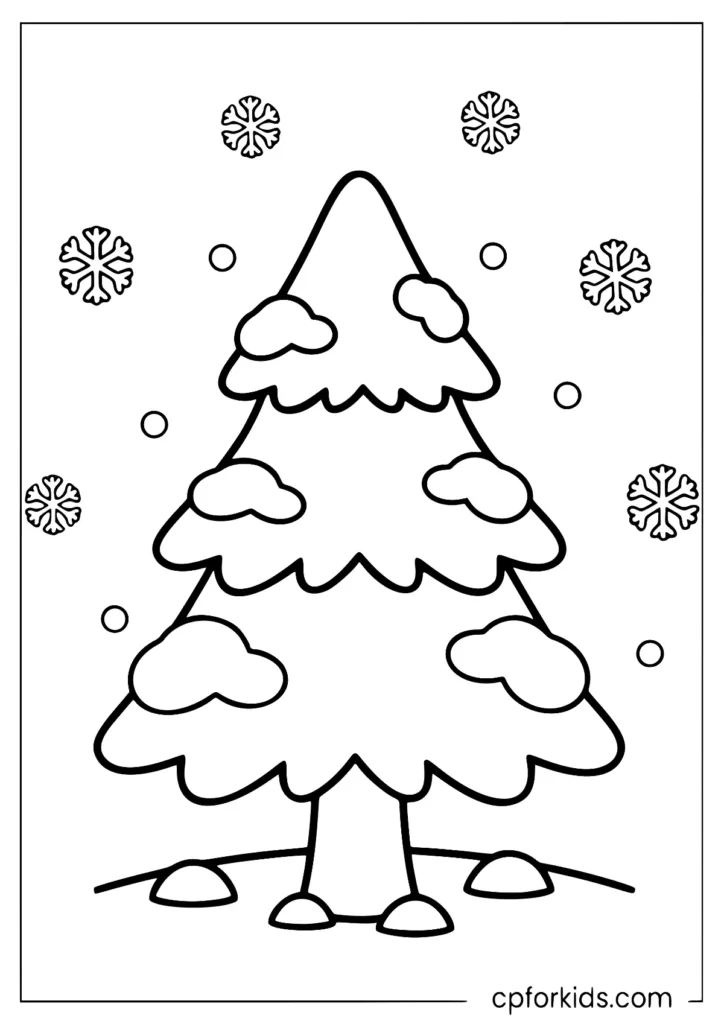 Snowy pine tree in a forest winter coloring page to color