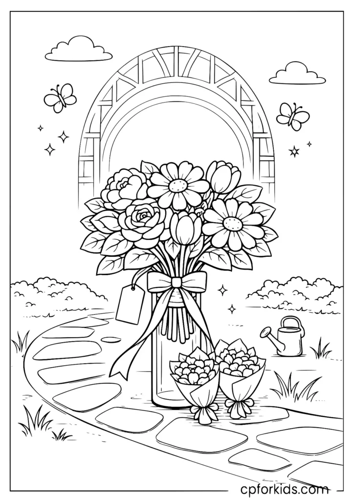 Spring flower bouquet with two small flying butterflies