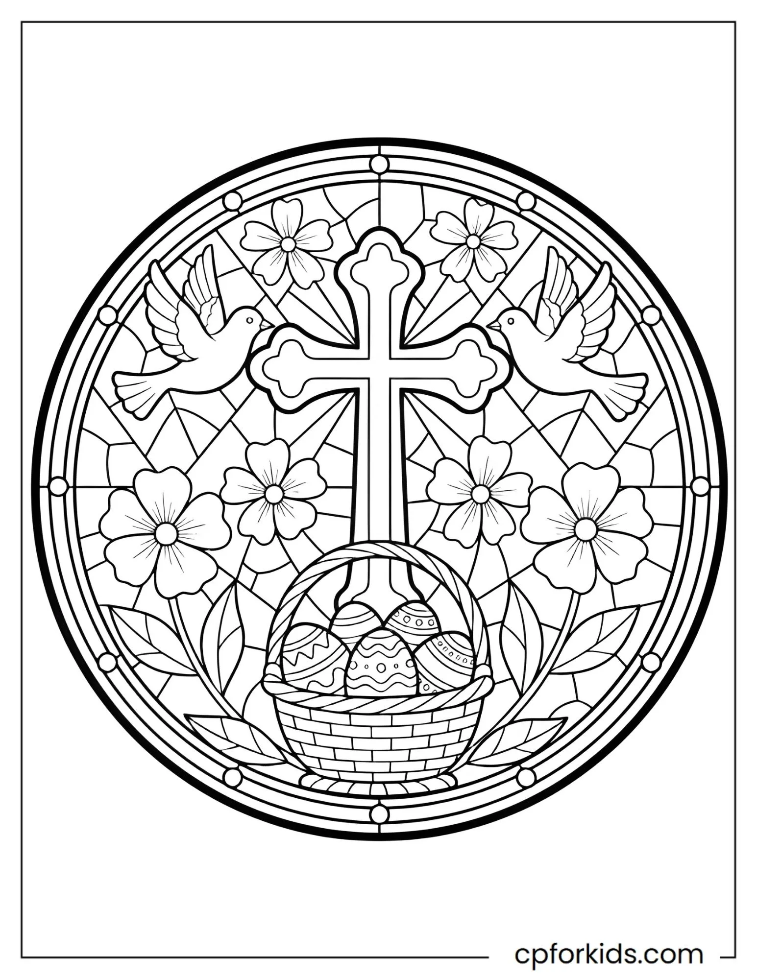 Stained glass cross with doves flowers and eggs