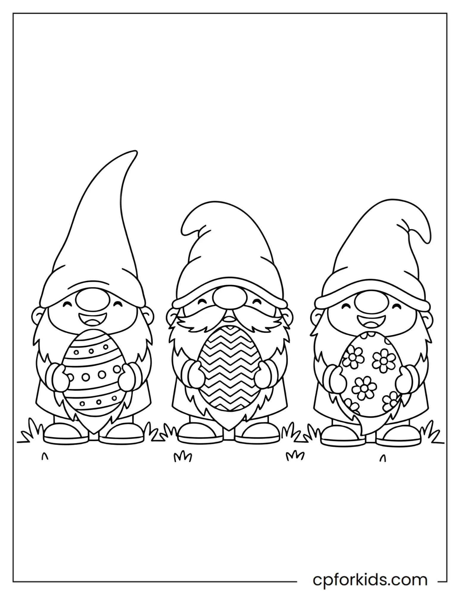 Three Easter gnomes holding large decorated eggs