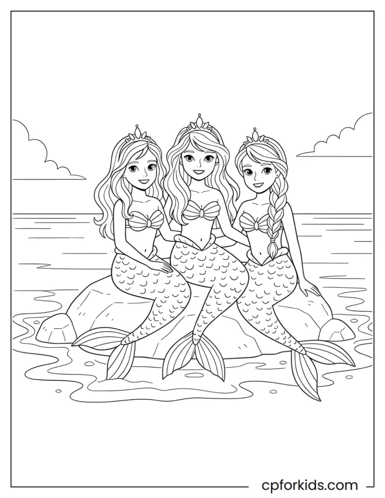 Three friendly mermaid princesses smiling near the shoreline with shells and ocean waves in a kid-friendly scene.
