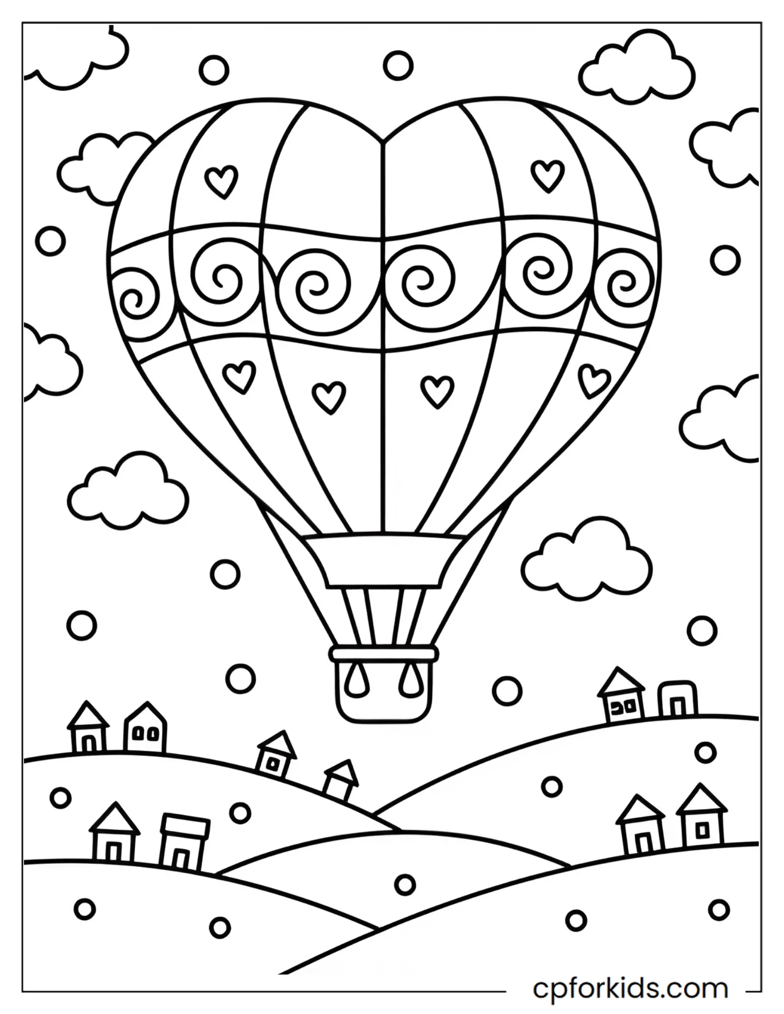 Heart-shaped hot air balloon floating among clouds