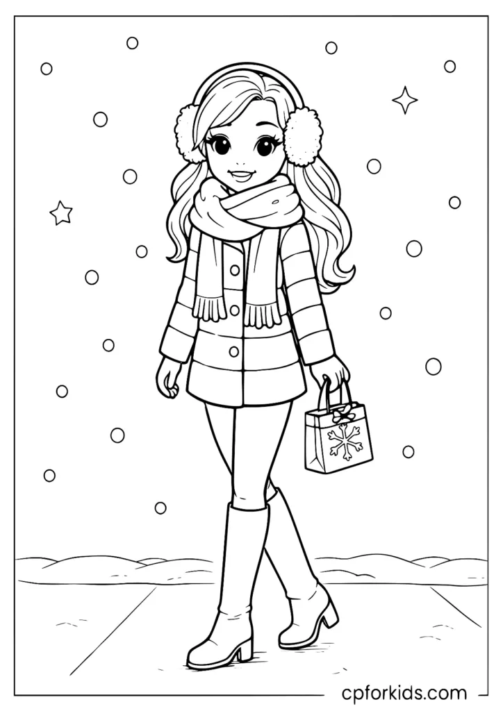 Winter fashion doll in puffer coat holding a gift bag coloring page