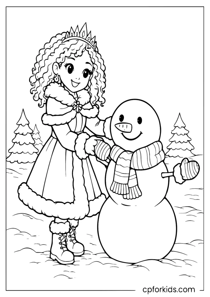 Winter princess building a snowman coloring page
