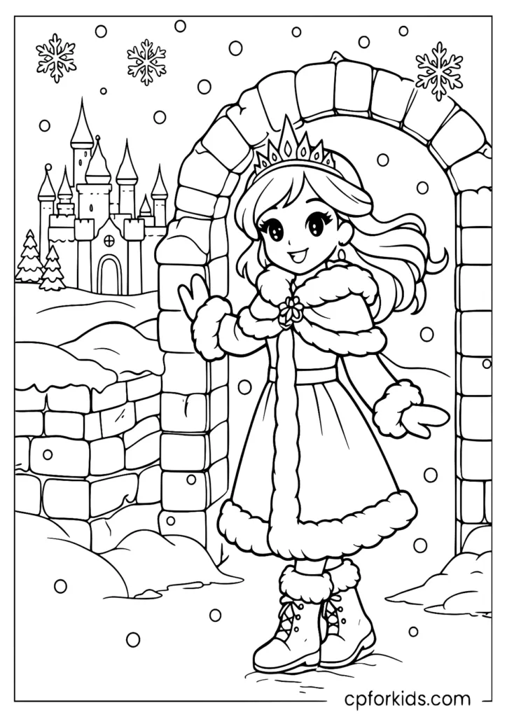 Winter princess in cozy coat coloring page