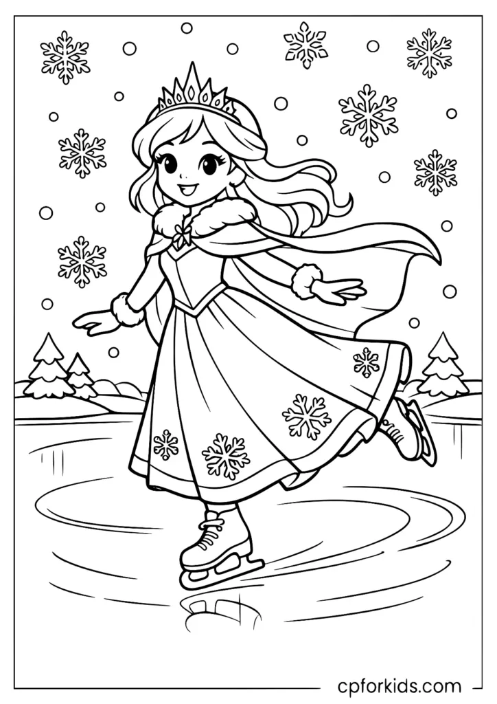 Winter princess ice skating coloring page