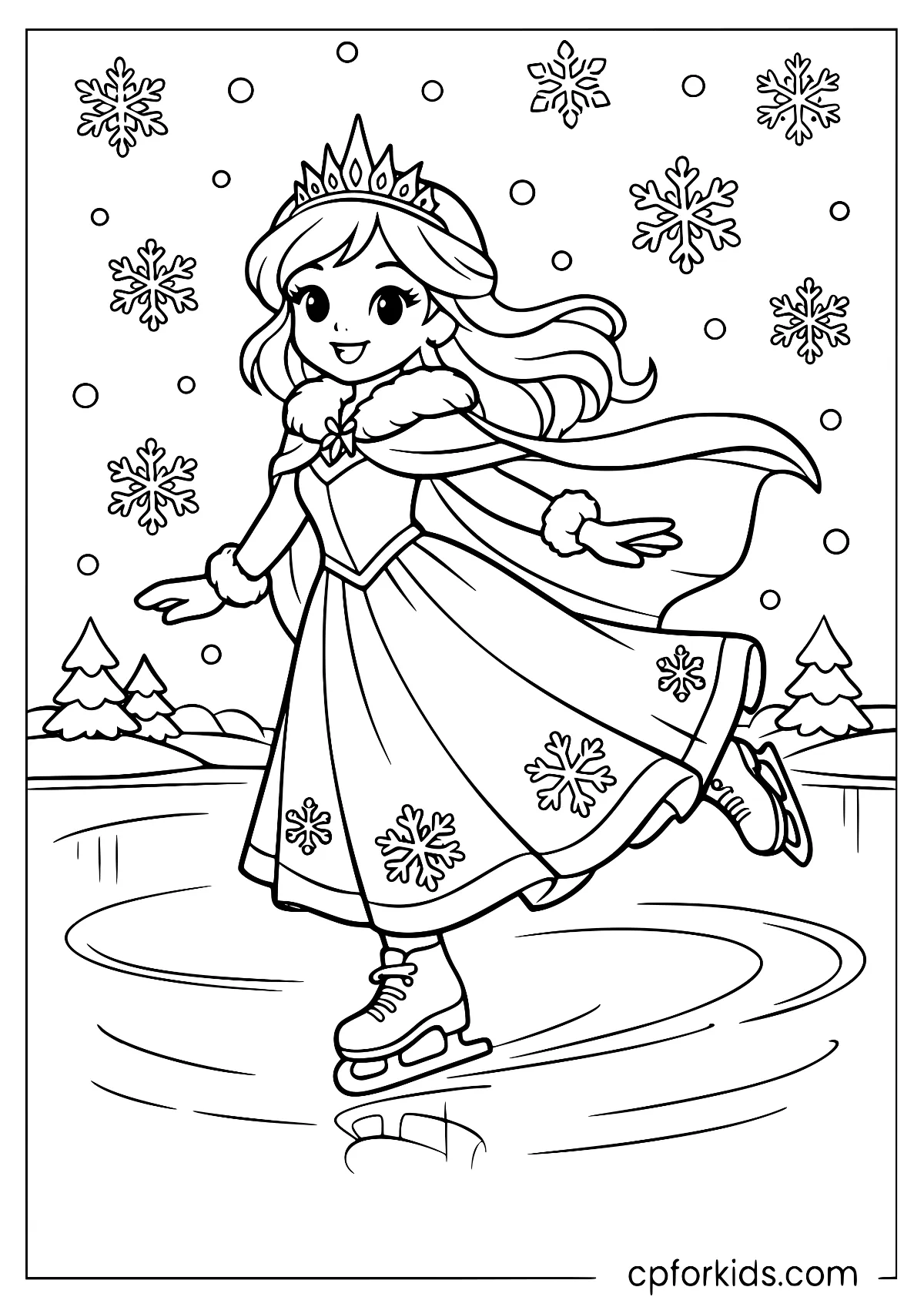 Princess ice skating among falling snowflakes