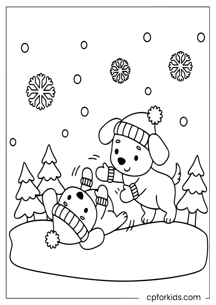 Cute winter puppies playing in snow coloring page for preschoolers
