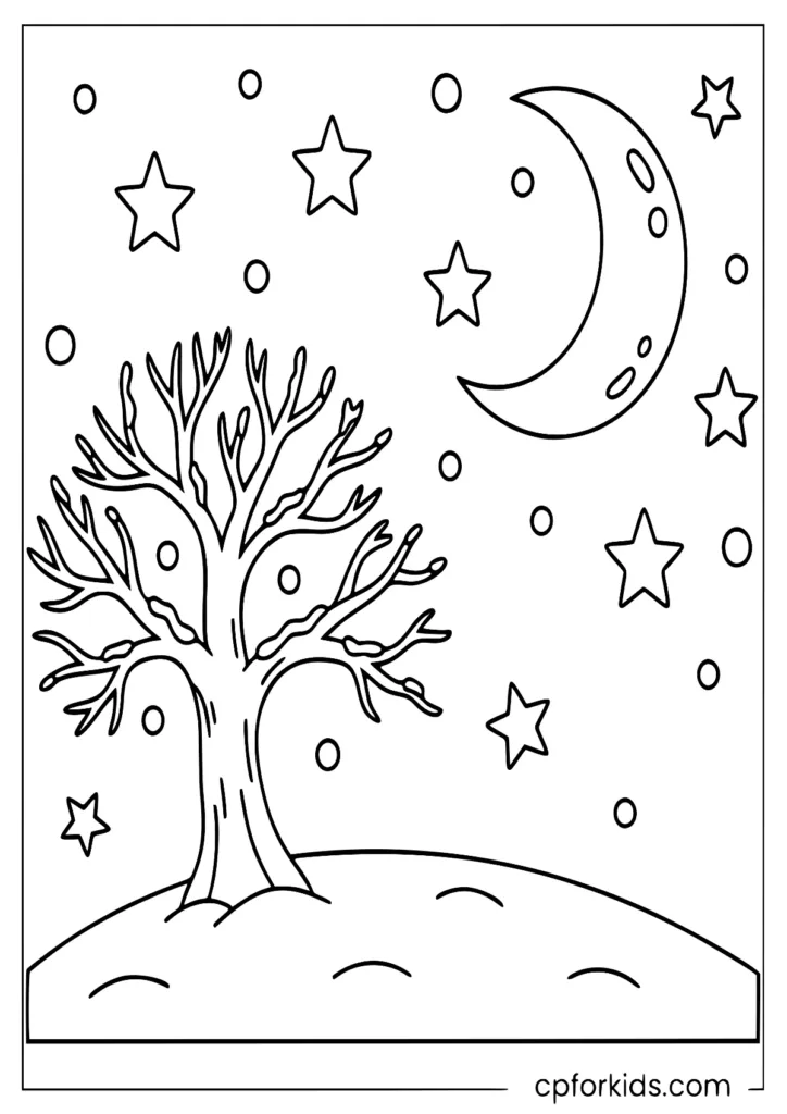 Winter solstice night scene with moon and bare tree coloring printable