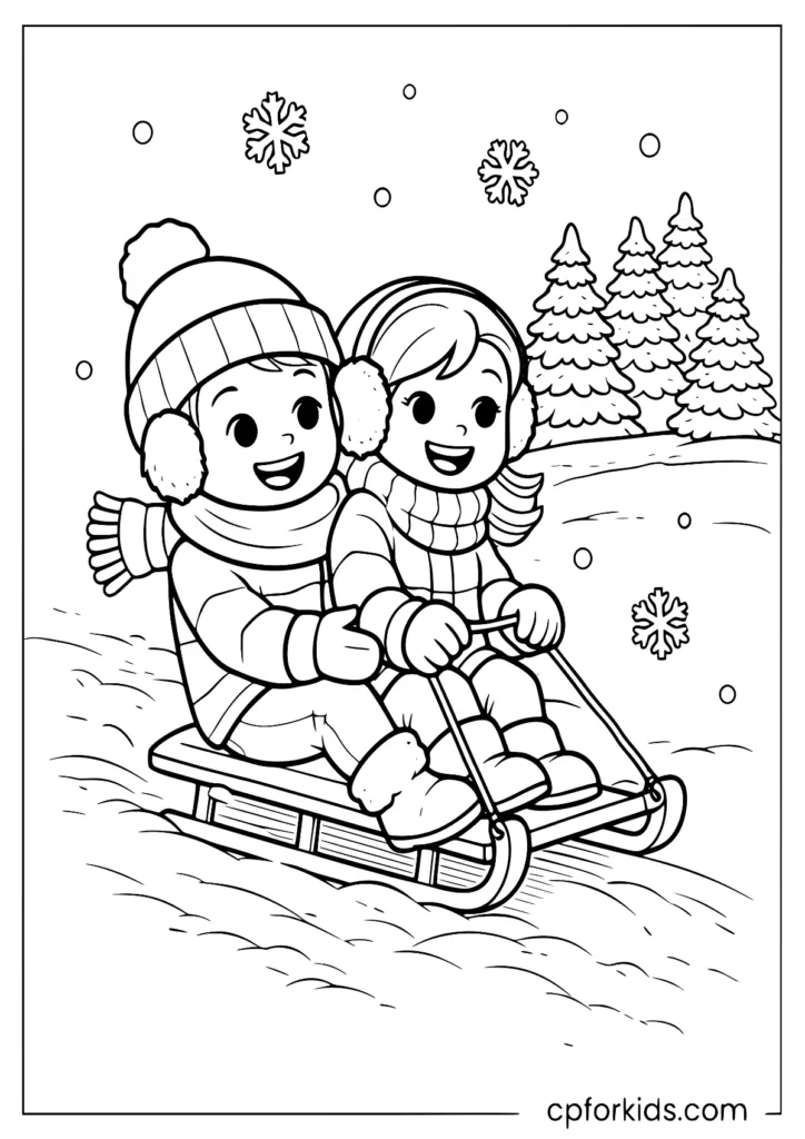 Happy kids sledding on snow winter coloring page