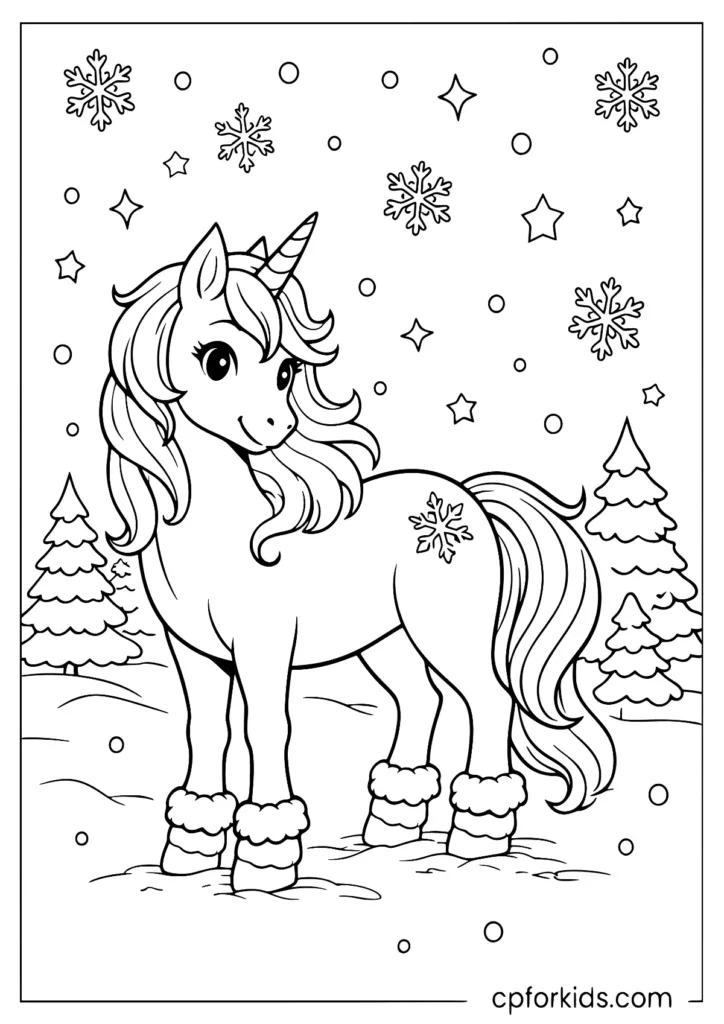 Winter unicorn coloring page in snowy forest
