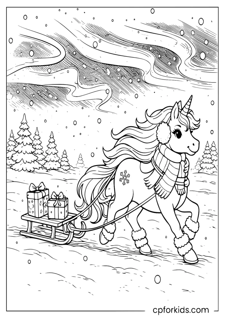 Winter unicorn sleigh ride coloring page