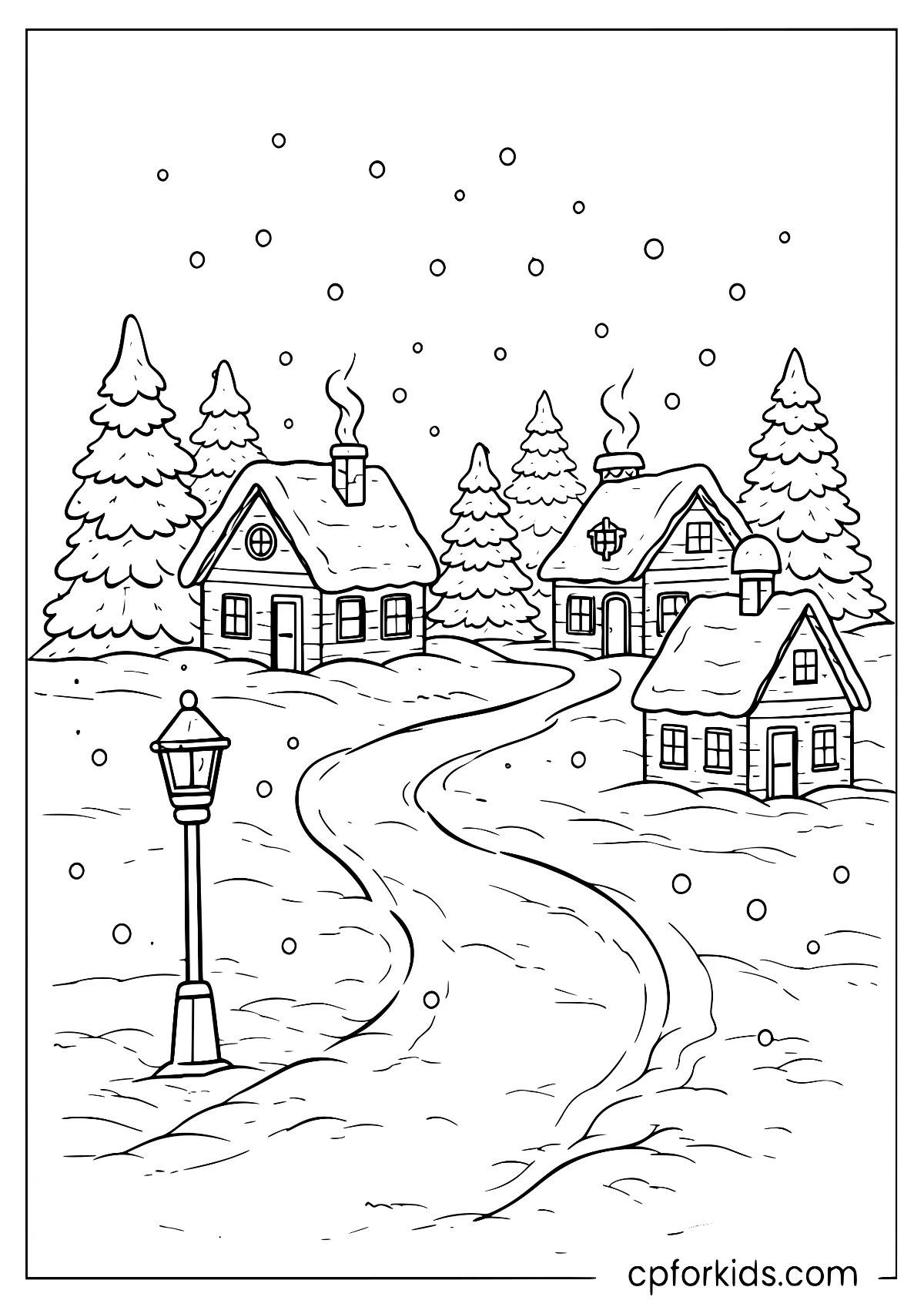 Snowy village street with a lamppost