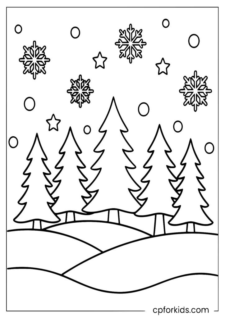 Winter hills and pine trees coloring sheet with falling snow
