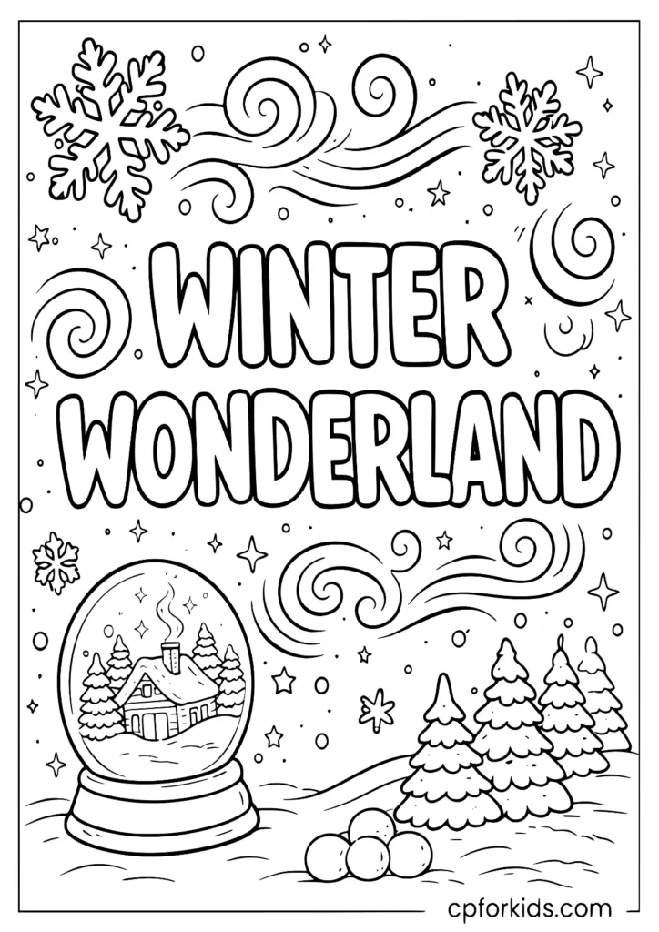 Winter wonderland word art doodle coloring page