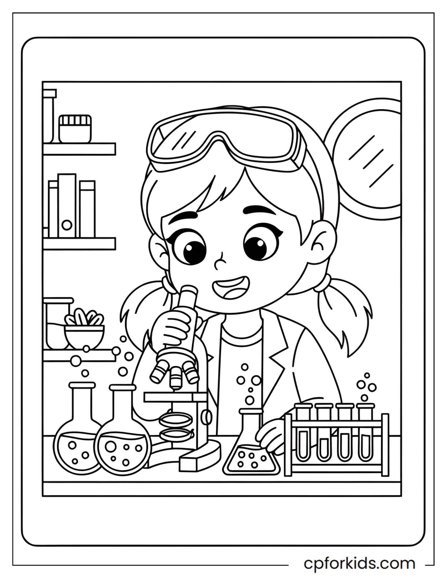 Girl scientist holding a beaker and notebook