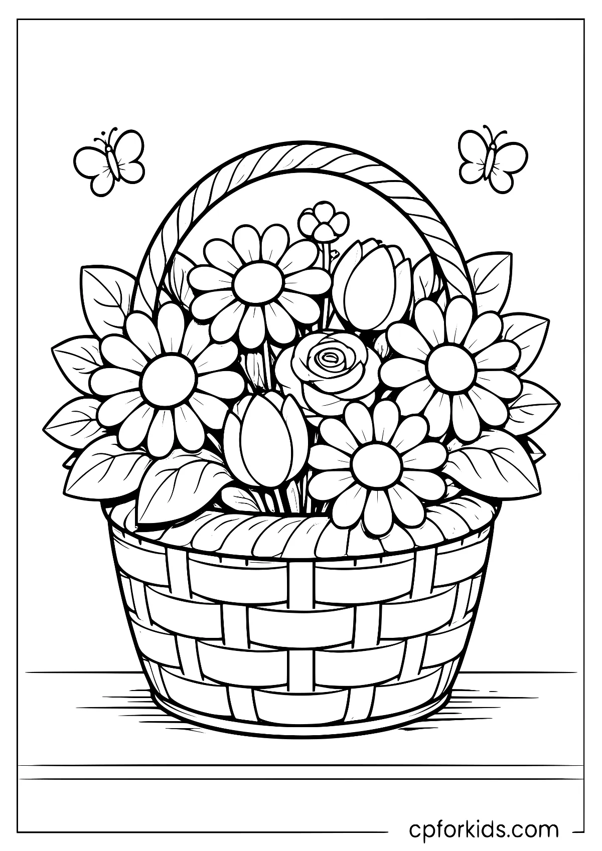 Woven basket of flowers with two butterflies