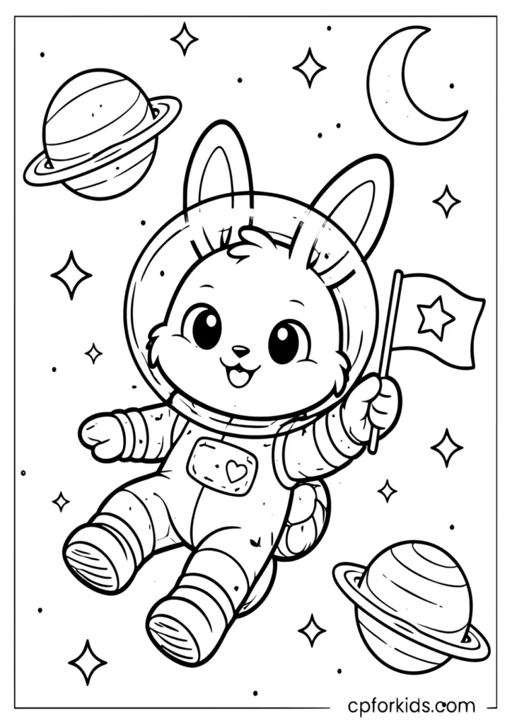 Cartoon Bunny Astronaut Floating In Space Coloring Page