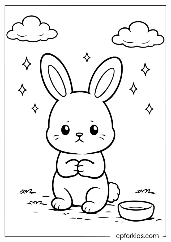 Sad rabbit waiting for someone to feed her coloring page