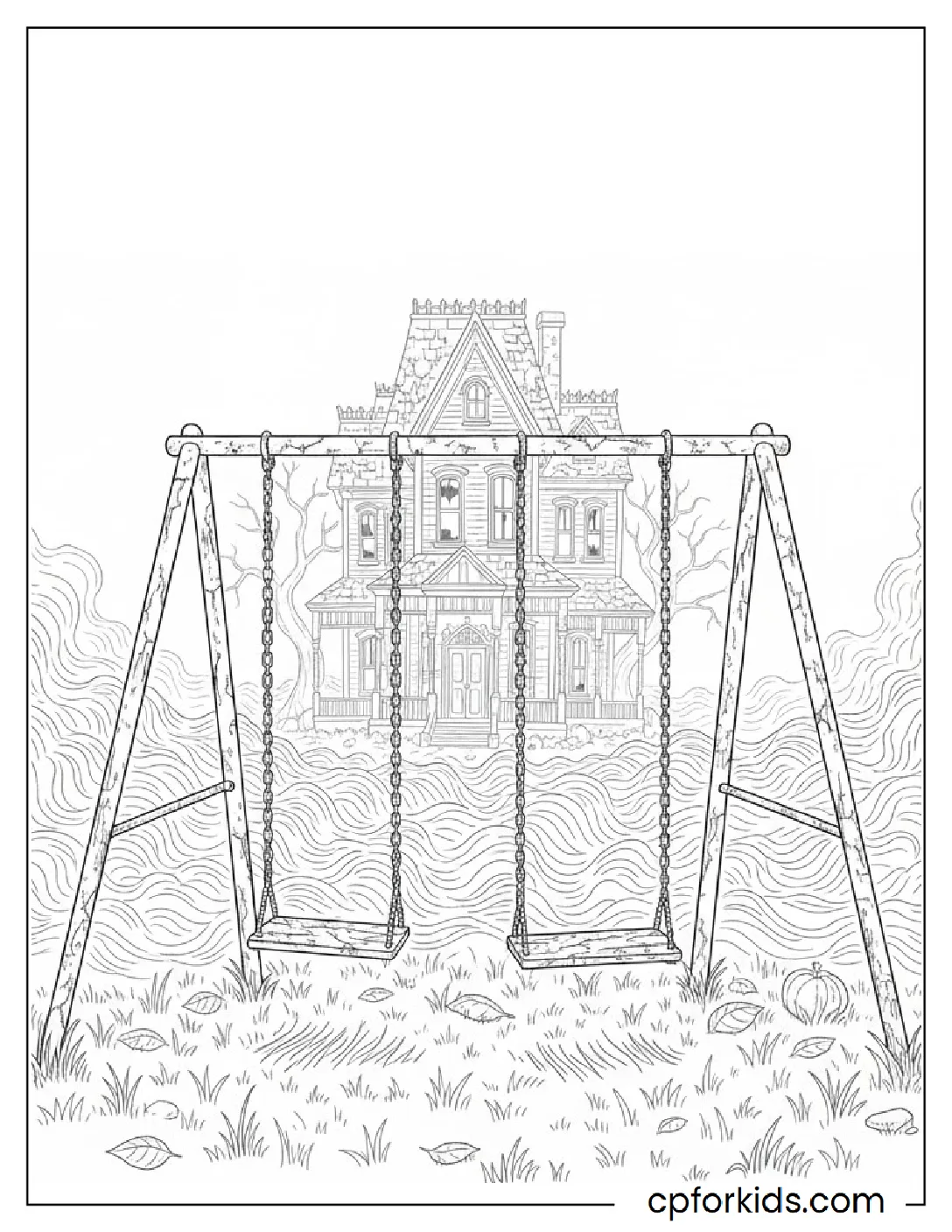 Abandoned swing set in misty haunted yard