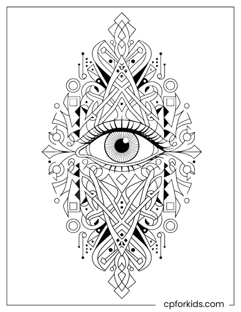 Abstract Aesthetic Line Art Abstract aesthetic line art coloring page combining flowing lines, geometric shapes, and a stylized human eye in modern composition.