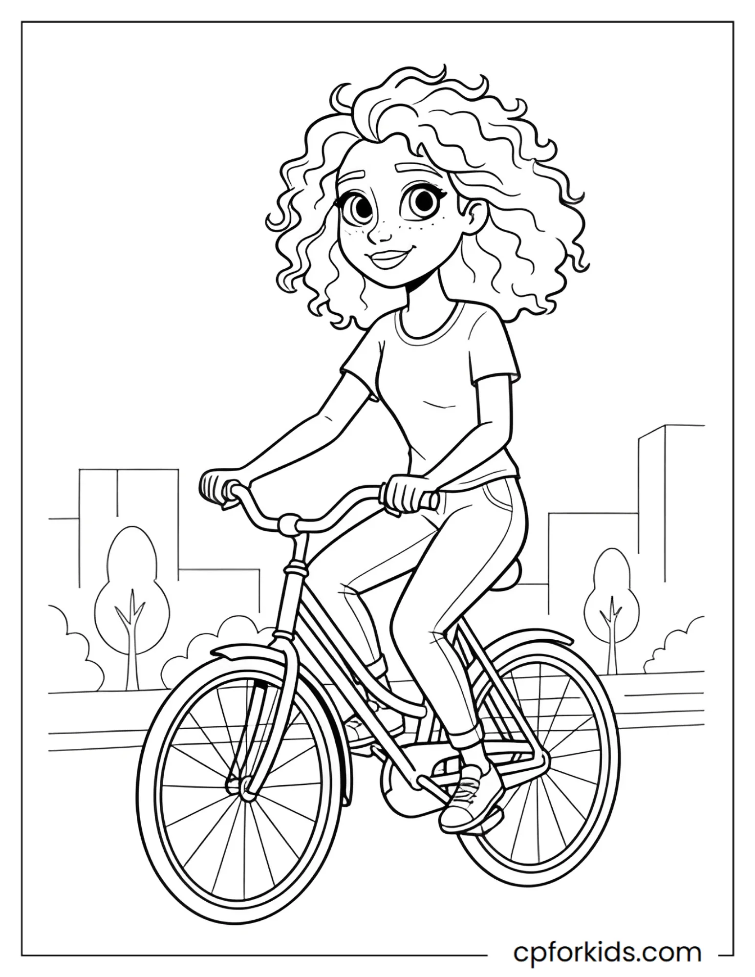 Curly hair princess riding a bicycle through a city street