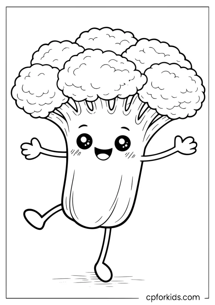 Adorable broccoli with arms and legs vegetable coloring page for kids