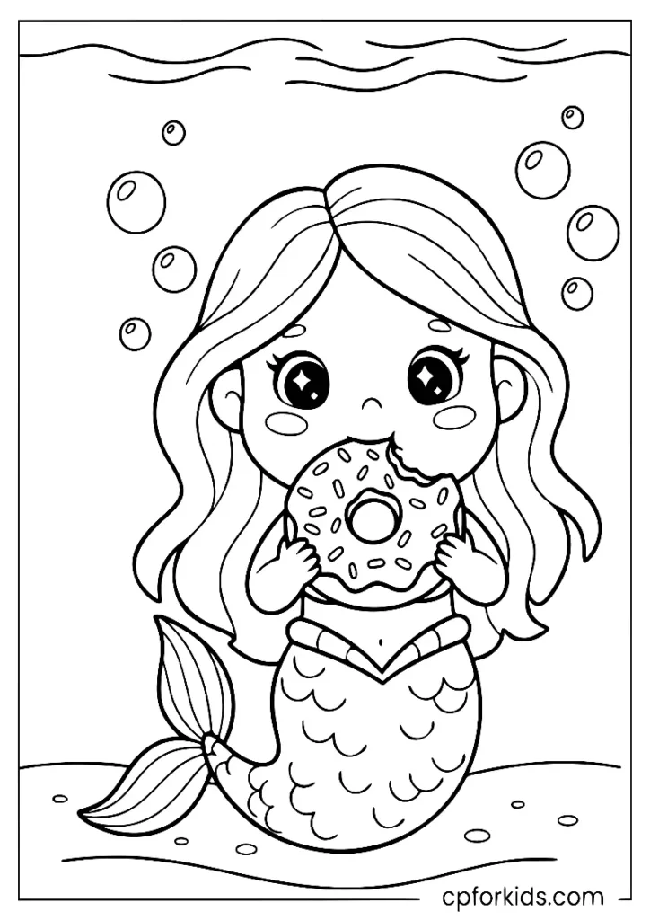 Adorable mermaid eating a donut under the sea