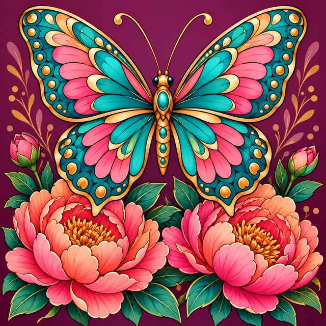 Ornamental butterfly above pink flowers and green leaves