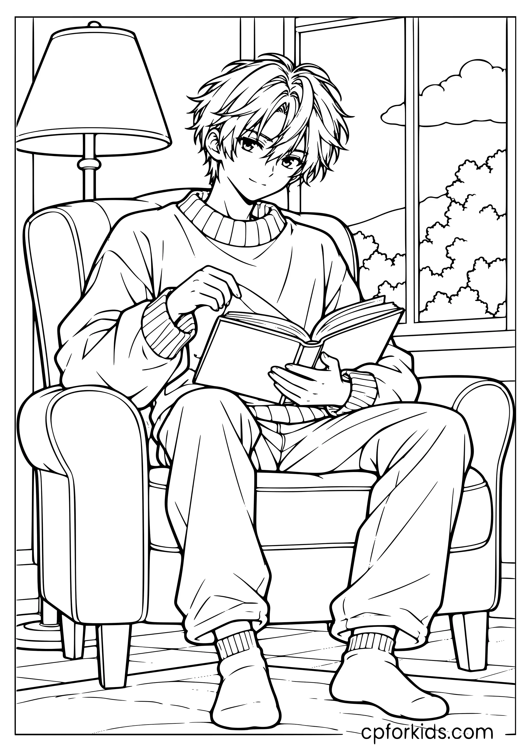 Anime boy turning a book page in a cozy armchair