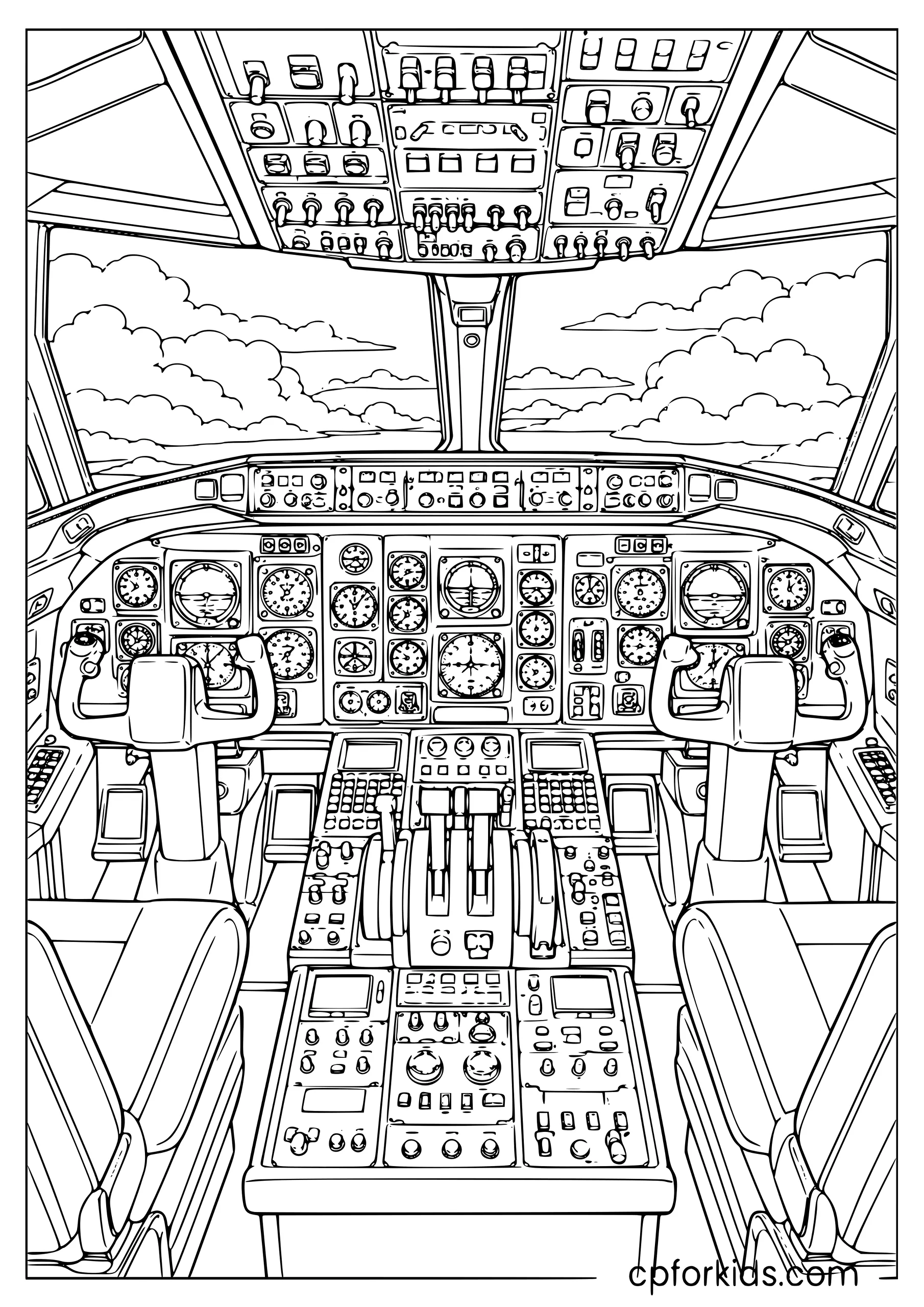 Airplane Cockpit Interior — Adult Coloring Page