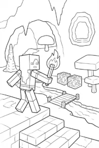 Alex exploring a Minecraft cave while holding a torch