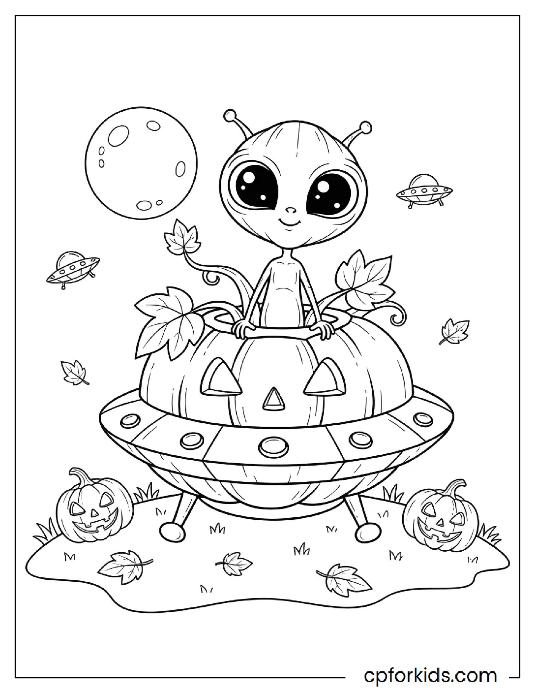 Alien emerging from a pumpkin-shaped UFO