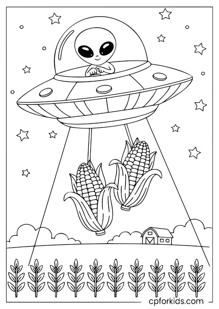 Alien in a UFO harvesting corn from a field, November space coloring sheet.