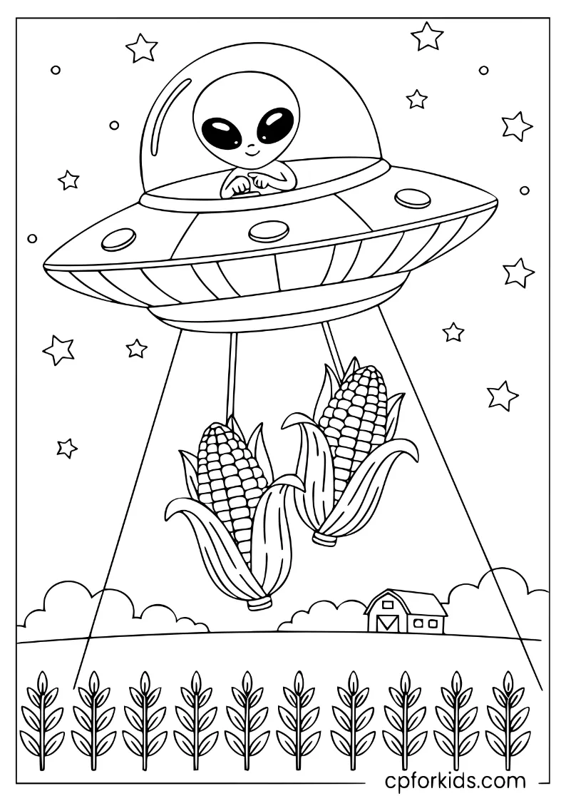 Alien in a UFO harvesting corn